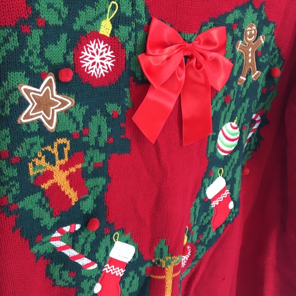 Karen Scott Red & Green Heart Wreath Ugly Christmas Sweater - Picture 3 of 8